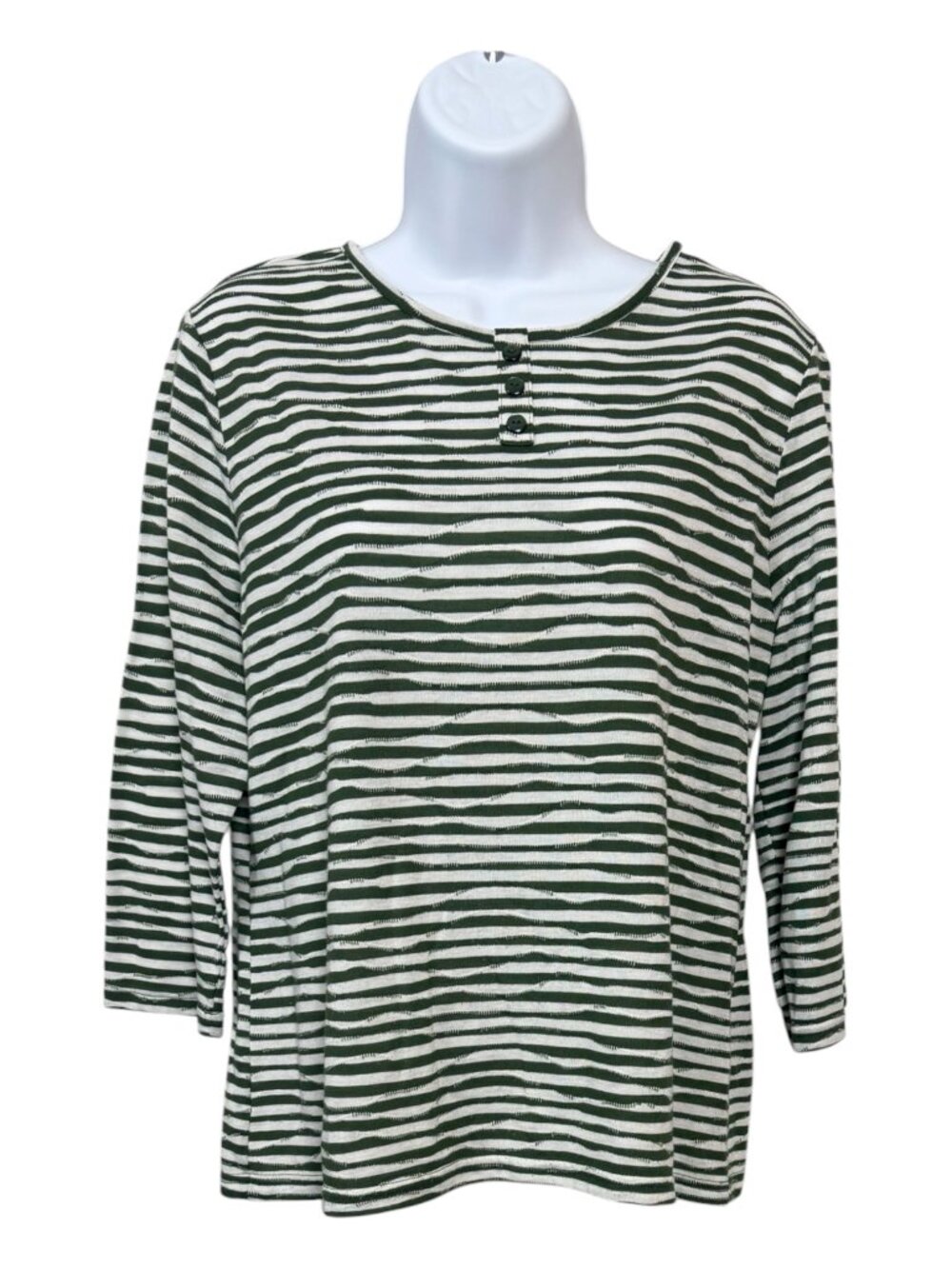 Breckenridge PL Green White Wave Stripe Mock Henley Knit top 3/4 Sleeve